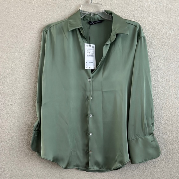 Zara Satin Shirt in Light Green - Picture 1 of 3